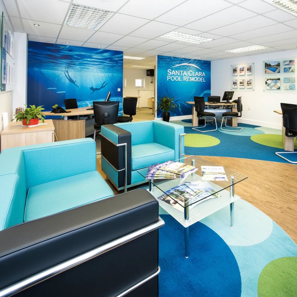 Santa Clara Pool Remodel office interior with company logo and branding on wall