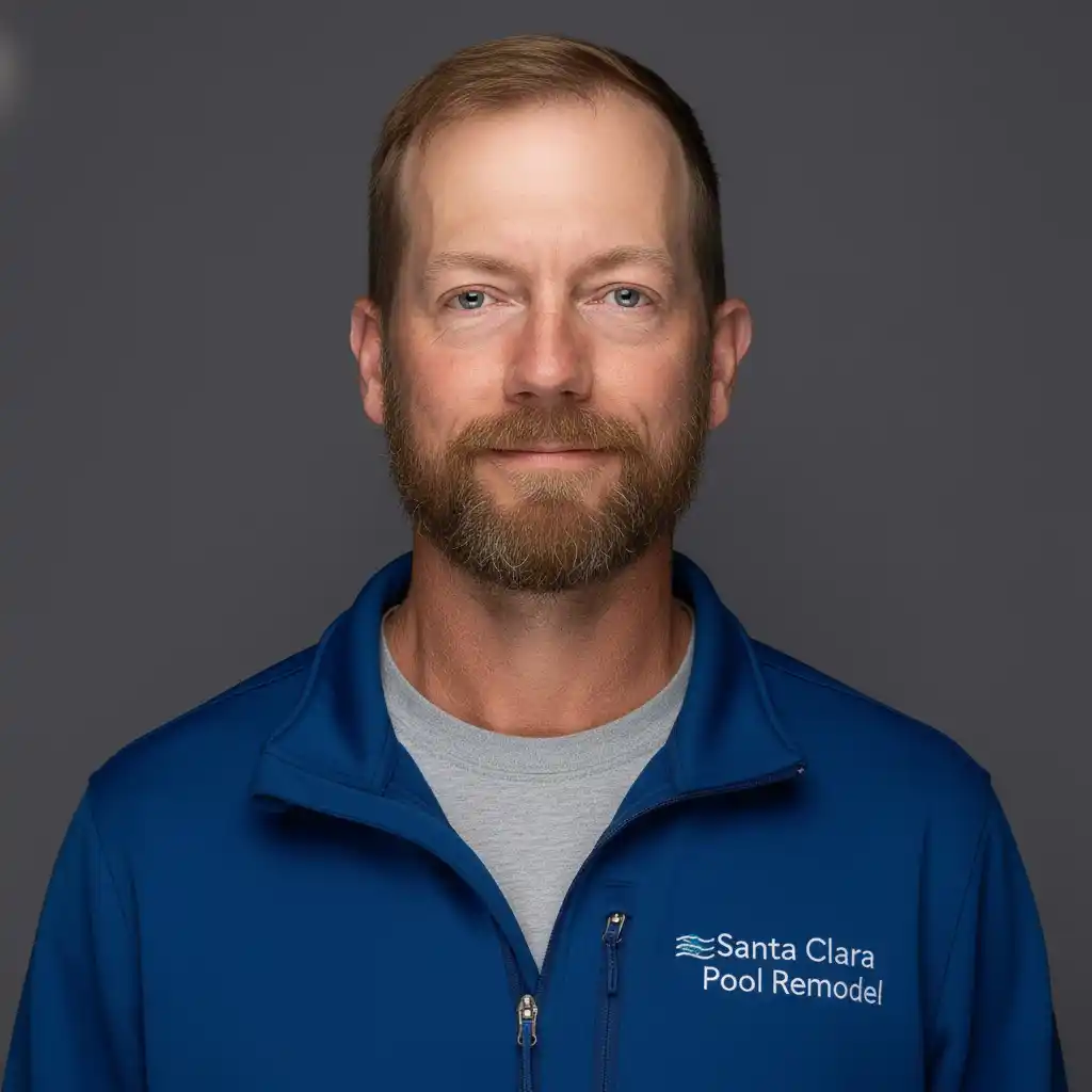 Eric Mitchell, owner of Santa Clara Pool Remodel, wearing company branded shirt